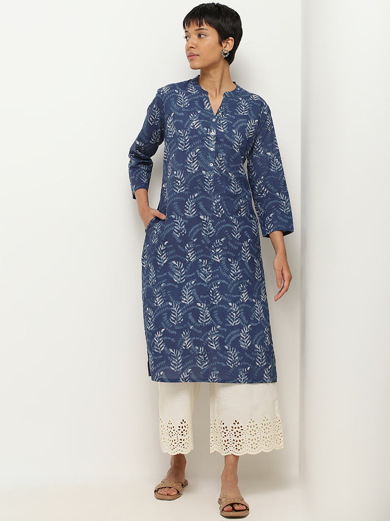 Utsa Blue Fern Printed Cotton Kurta