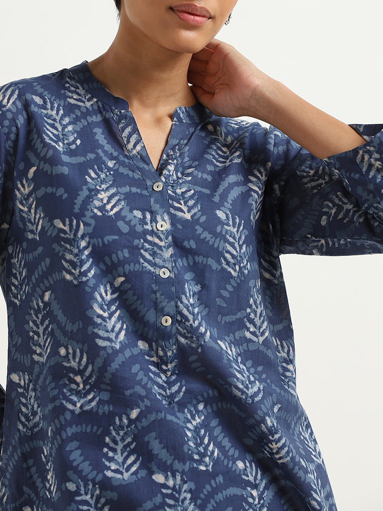 Utsa Blue Fern Printed Cotton Kurta