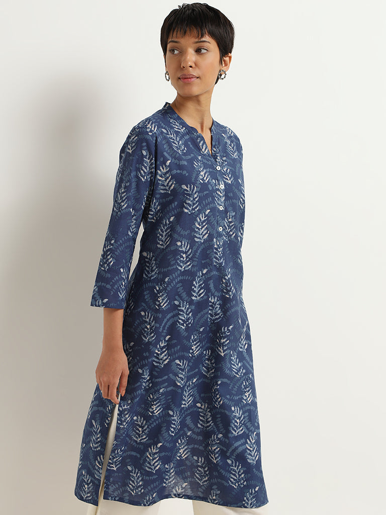 Utsa Blue Fern Printed Cotton Kurta