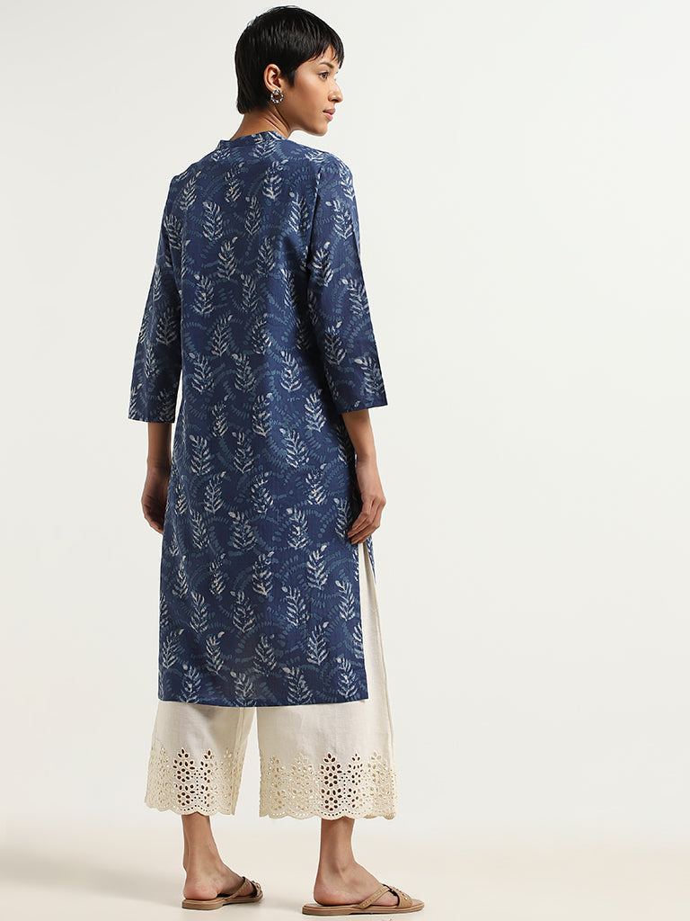 Utsa Blue Fern Printed Cotton Kurta