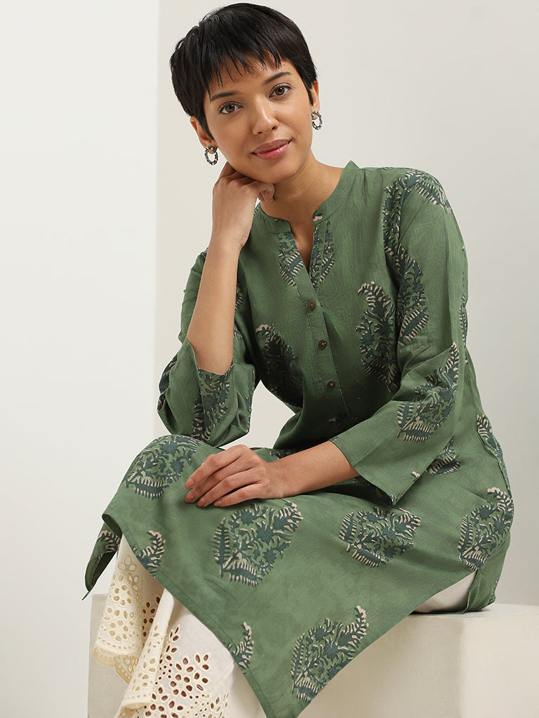 Utsa Green Block Printed Cotton Kurta