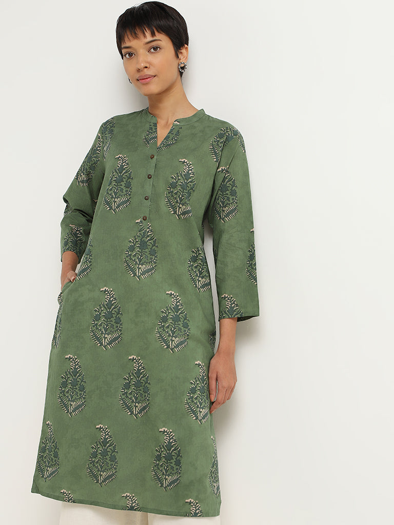 Utsa Green Block Printed Cotton Kurta