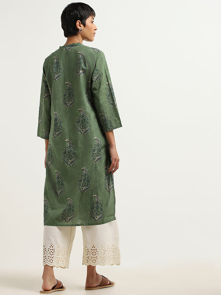 Utsa Green Block Printed Cotton Kurta