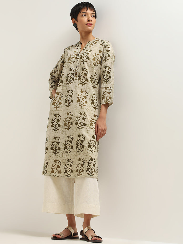 Utsa Green Block Printed Cotton Kurta