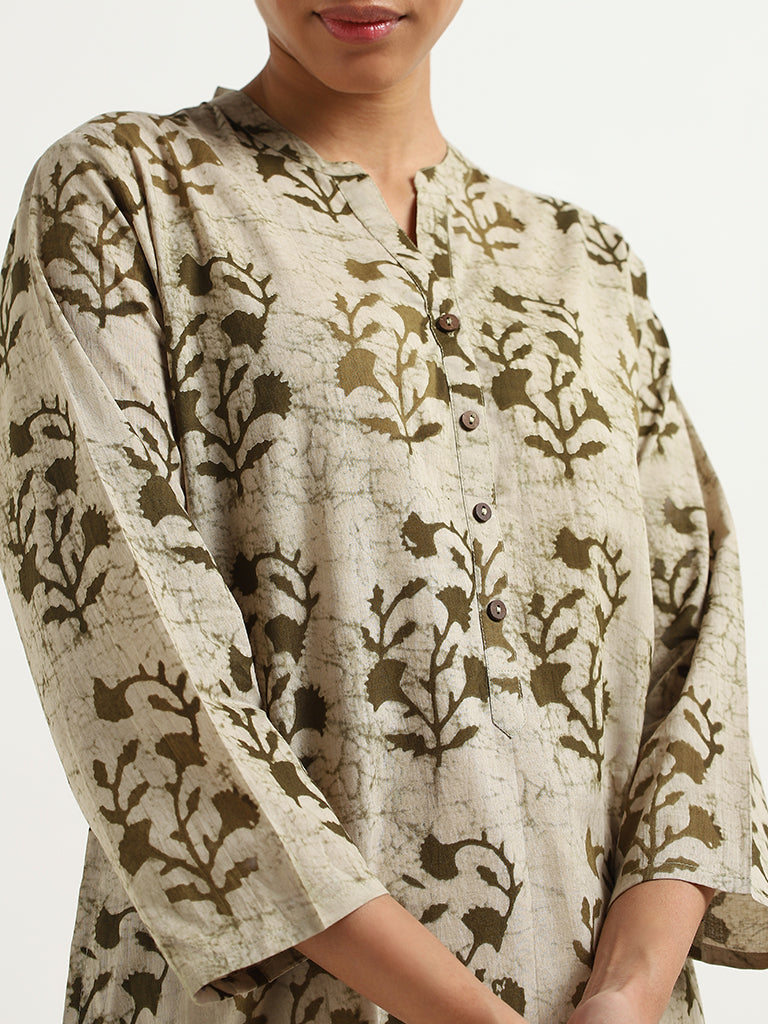 Utsa Green Block Printed Cotton Kurta