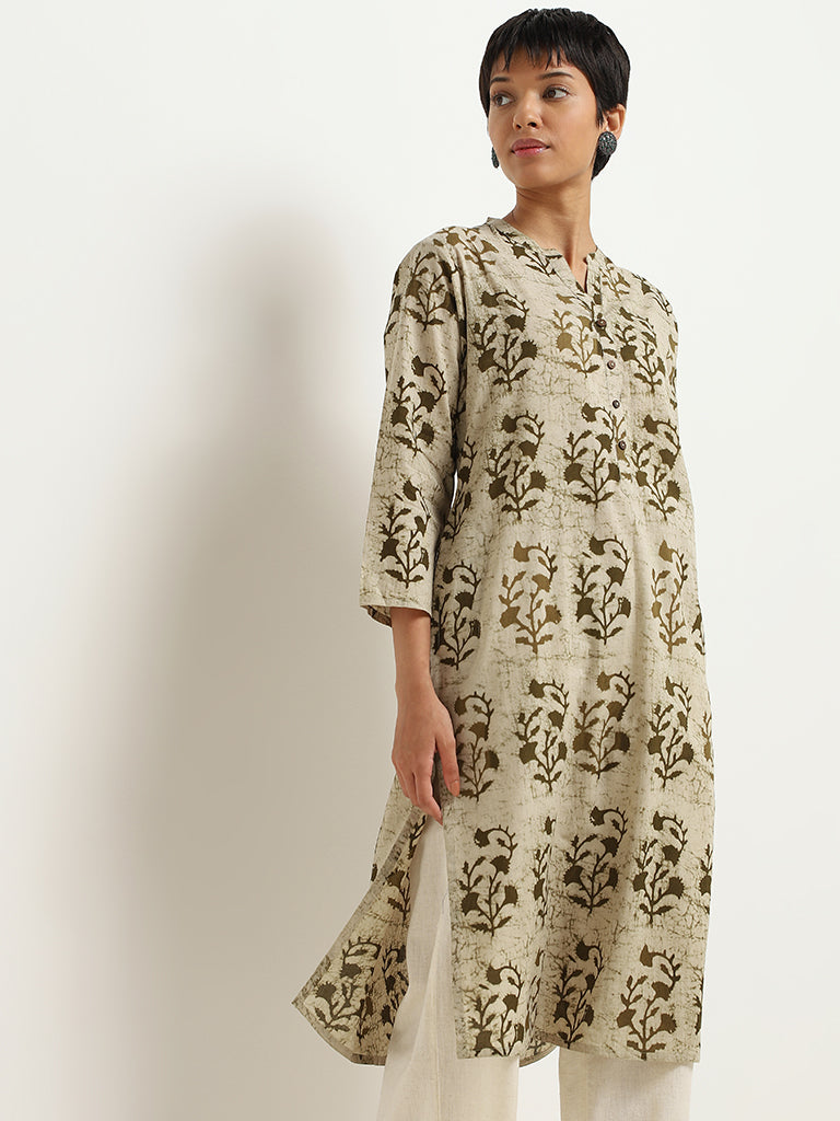 Utsa Green Block Printed Cotton Kurta