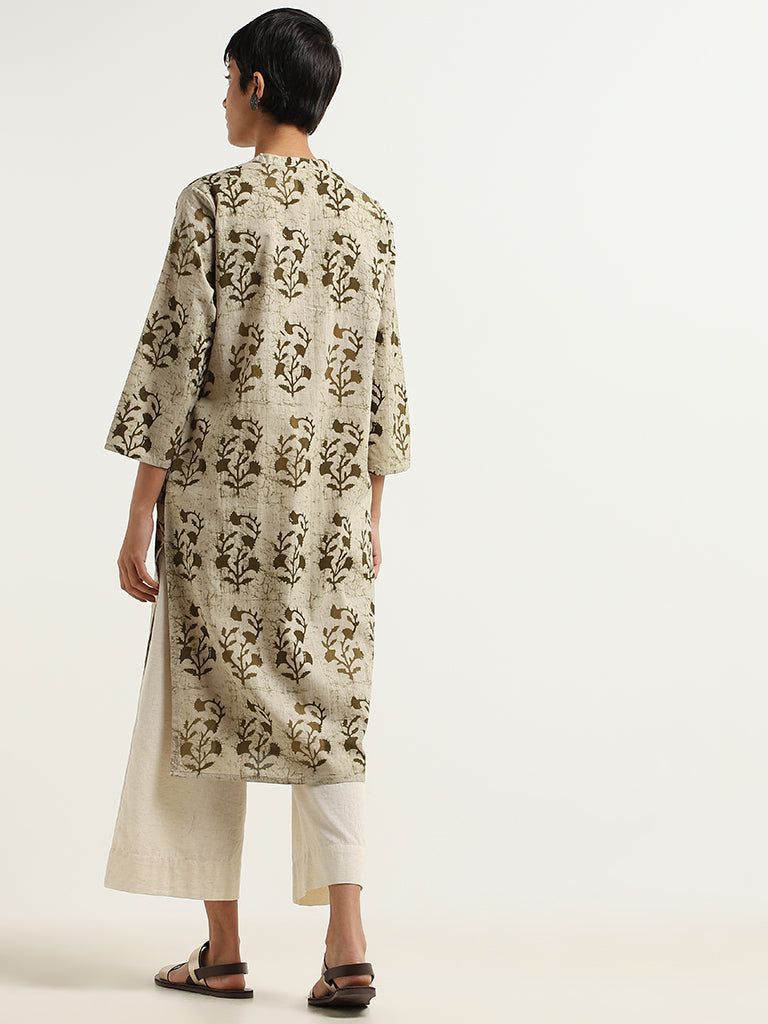 Utsa Green Block Printed Cotton Kurta