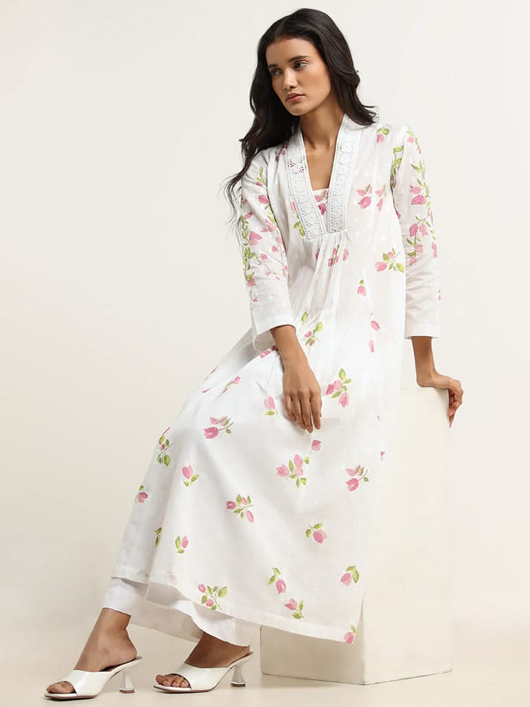 Zuba White Printed Cotton Kurta