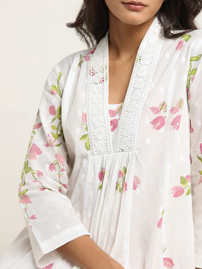 Zuba White Printed Cotton Kurta