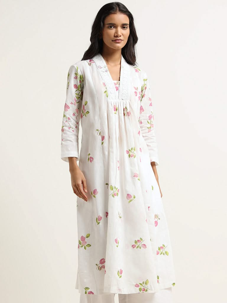 Zuba White Printed Cotton Kurta