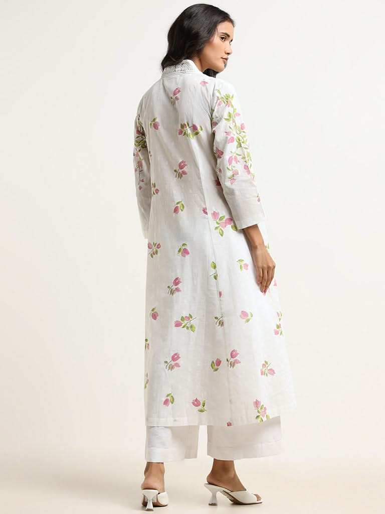 Zuba White Printed Cotton Kurta