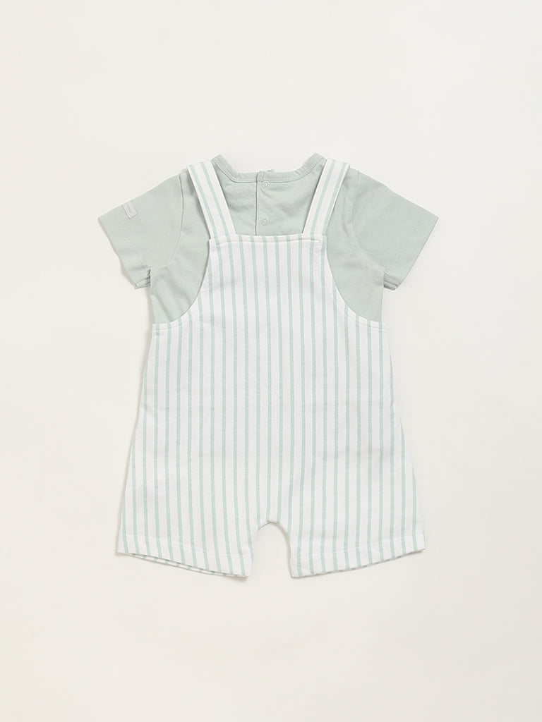 HOP Baby Green Striped T-Shirt with Dungaree Set