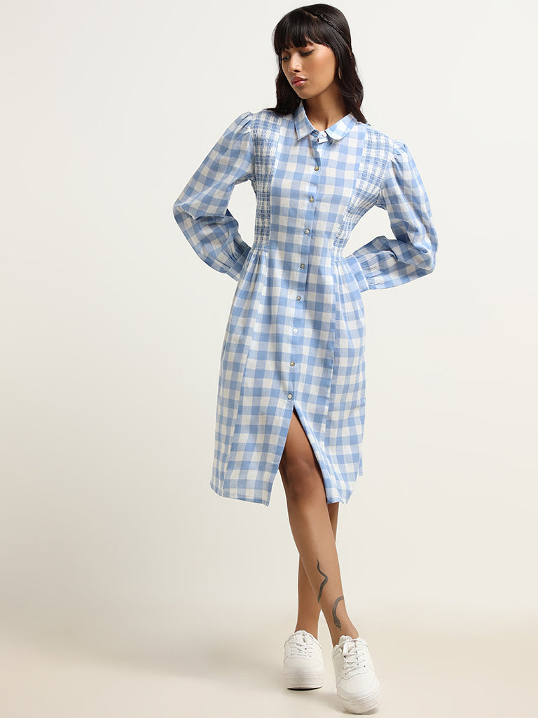 Bombay Paisley Blue Checkered Cotton Shirt Dress