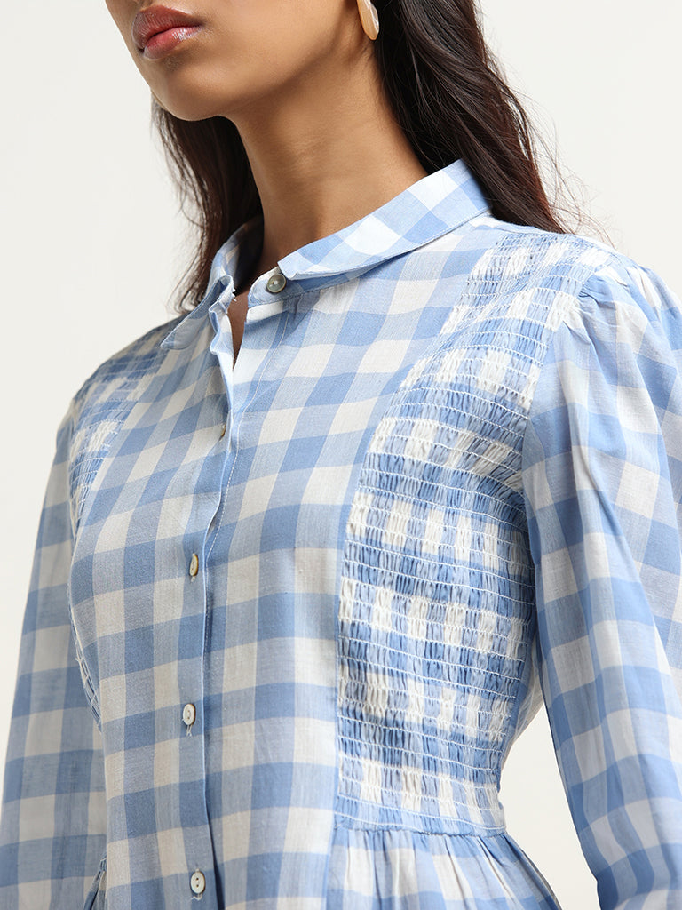 Bombay Paisley Blue Checkered Cotton Shirt Dress