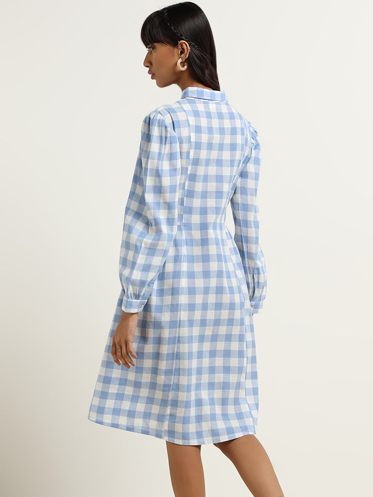 Bombay Paisley Blue Checkered Cotton Shirt Dress