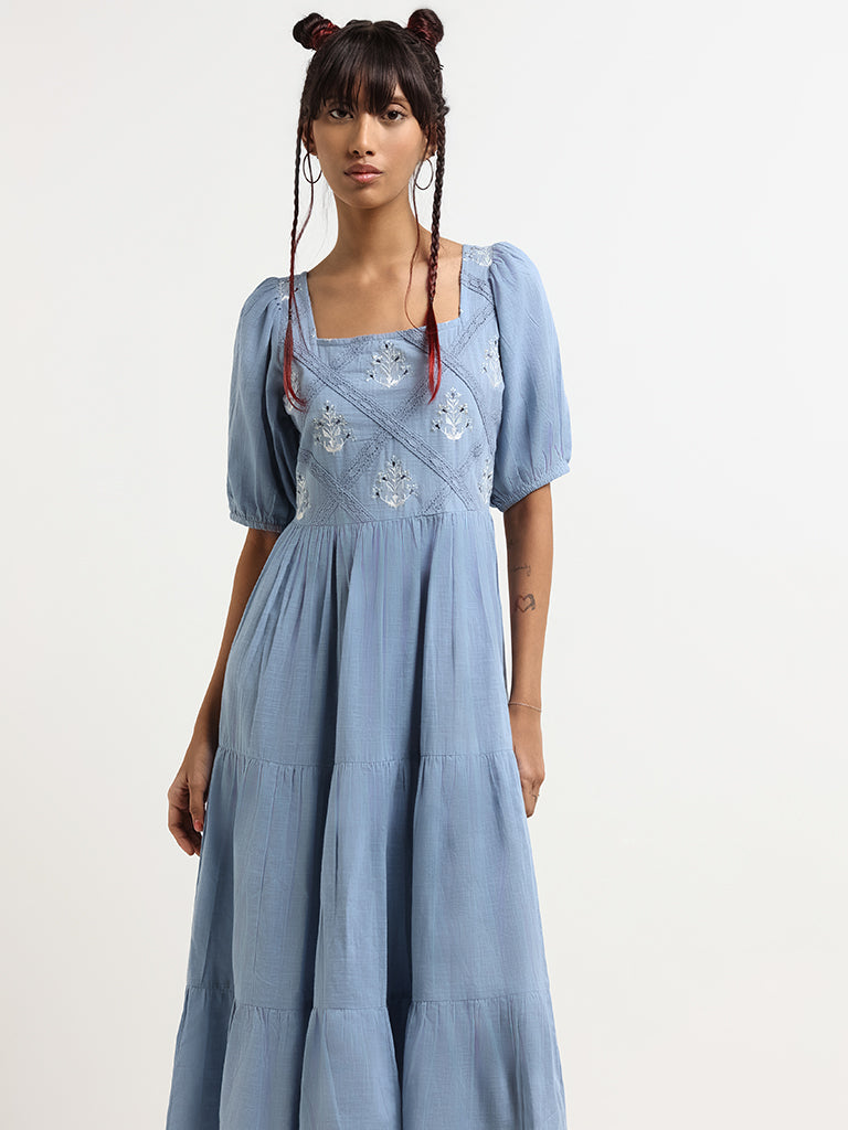 Bombay Paisley Blue Embroidered Cotton Maxi Dress