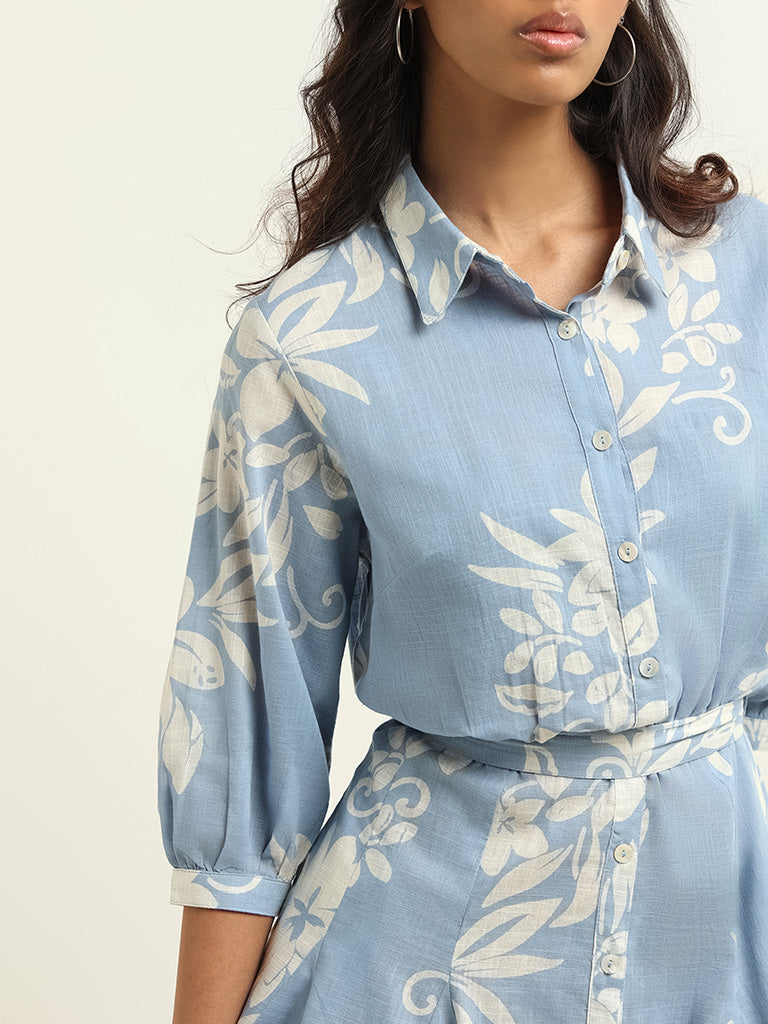 Bombay Paisley Blue Cotton Tie- Belt Dress