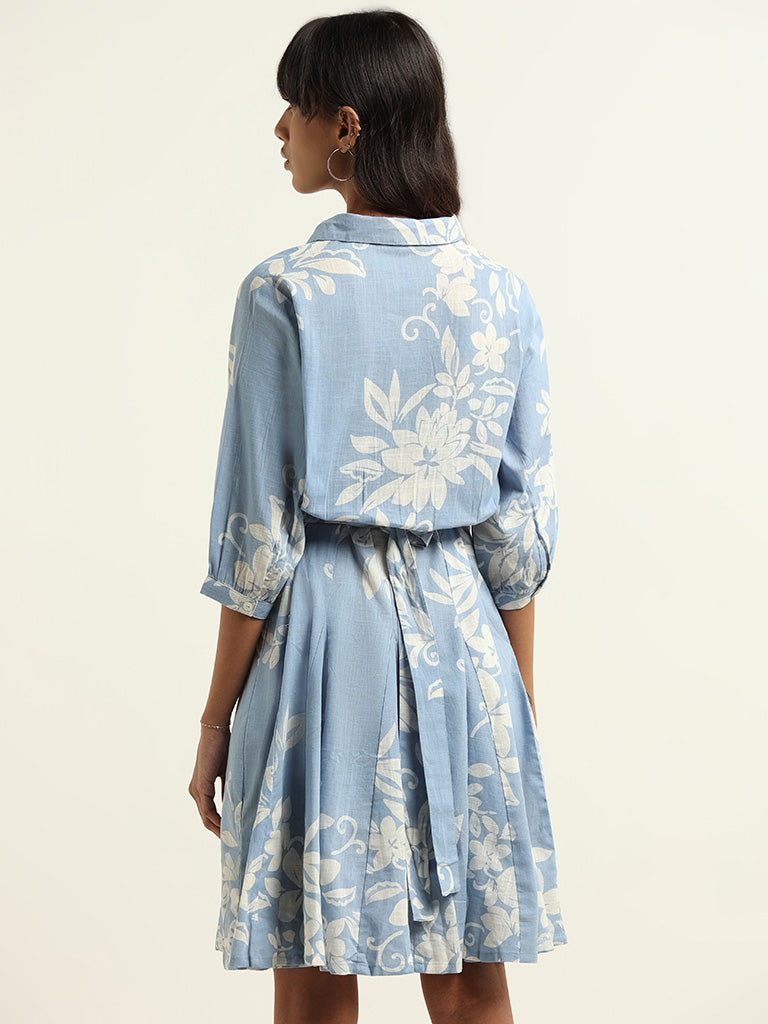 Bombay Paisley Blue Cotton Tie- Belt Dress