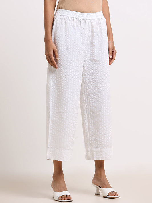 Zuba White Self- Patterned Cotton Palazzos