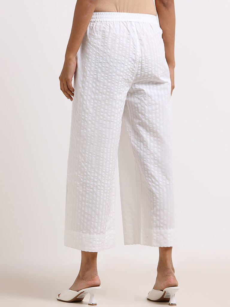 Zuba White Self- Patterned Cotton Palazzos