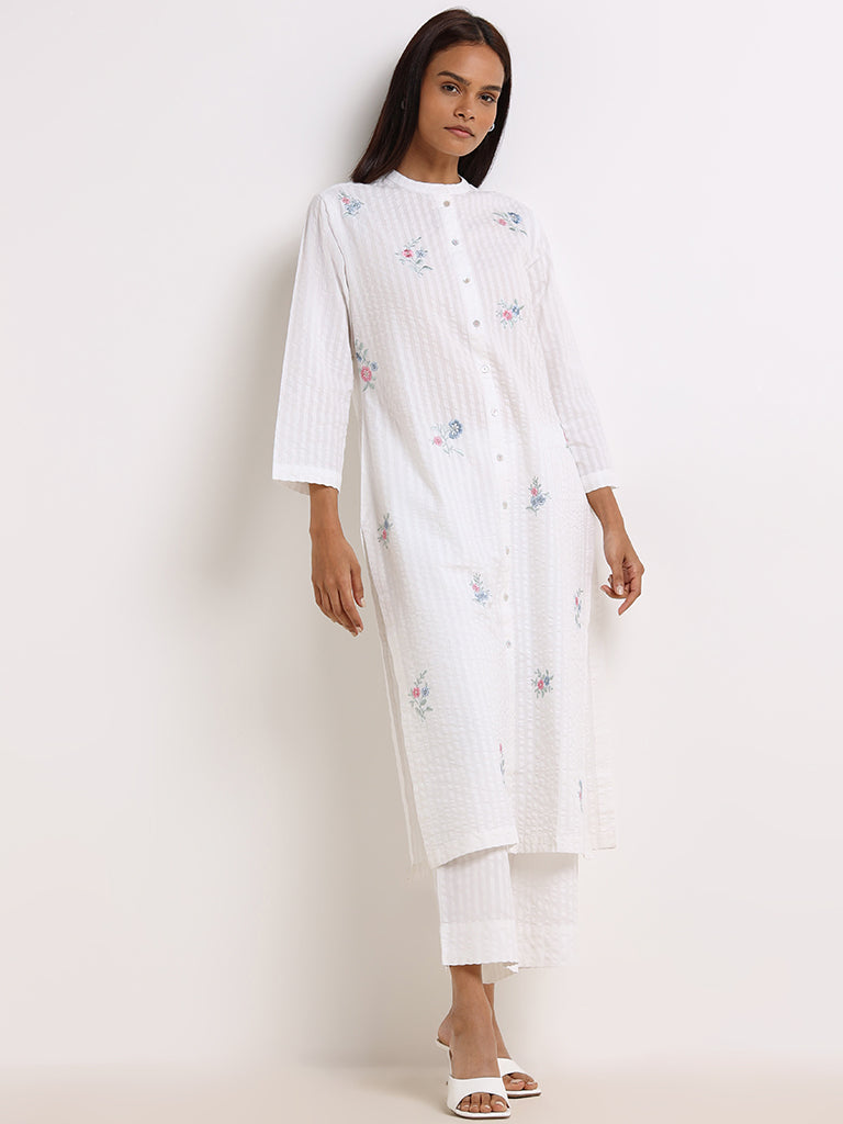 Zuba White Self- Patterned Cotton Palazzos