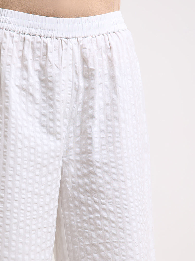 Zuba White Self- Patterned Cotton Palazzos