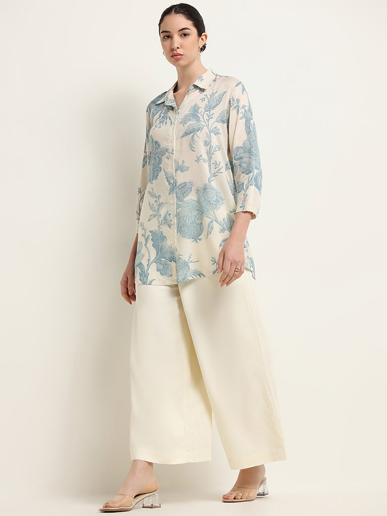 Zuba Blue Floral Print Button-Down Tunic