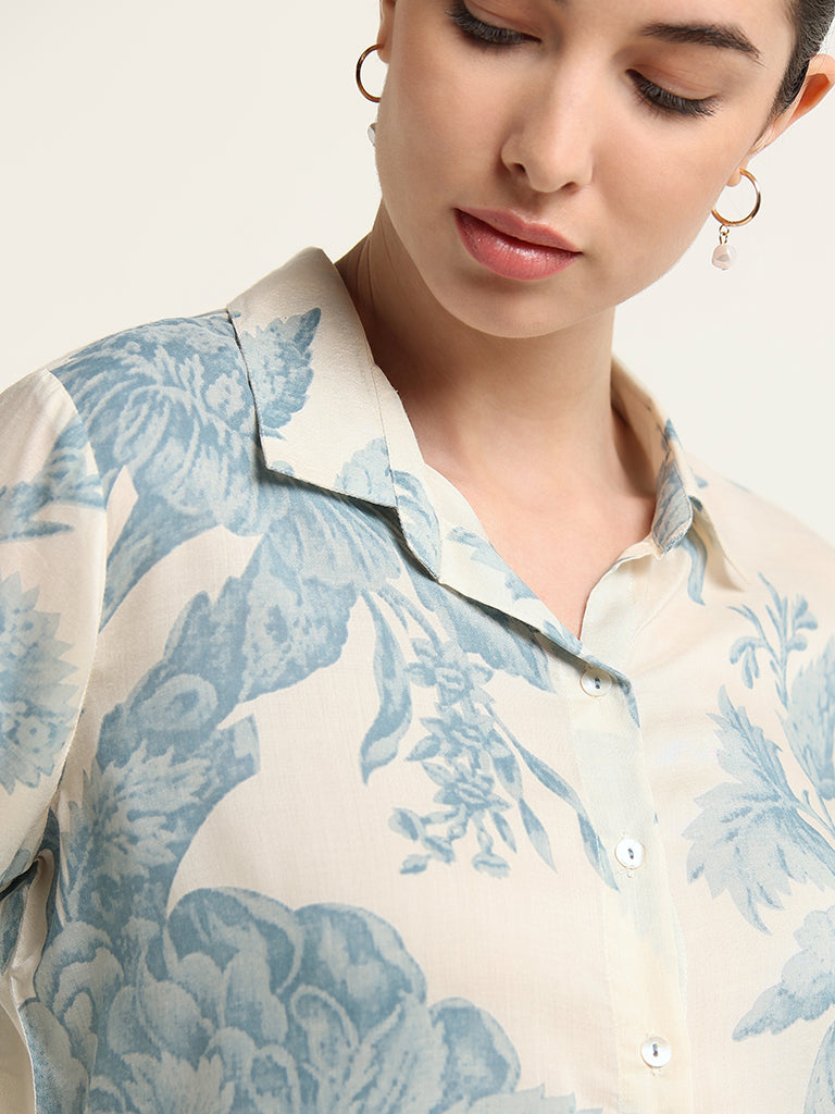 Zuba Blue Floral Print Button-Down Tunic