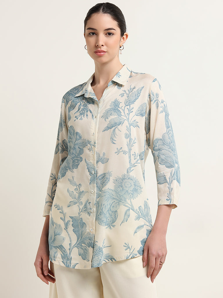 Zuba Blue Floral Print Button-Down Tunic