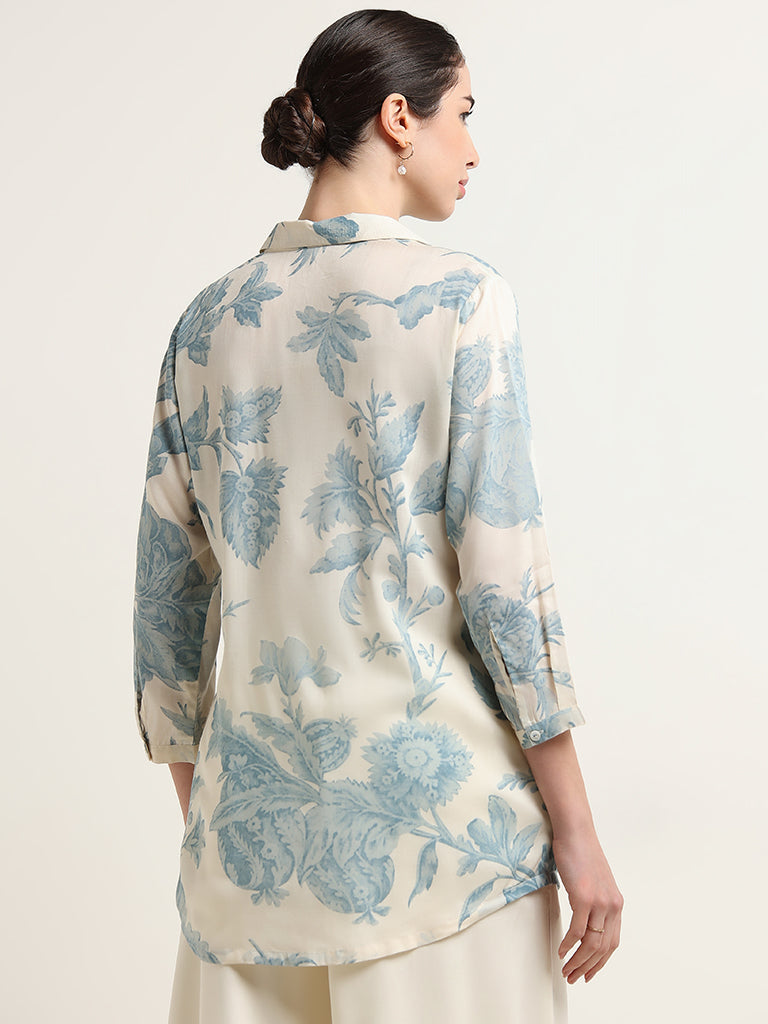 Zuba Blue Floral Print Button-Down Tunic