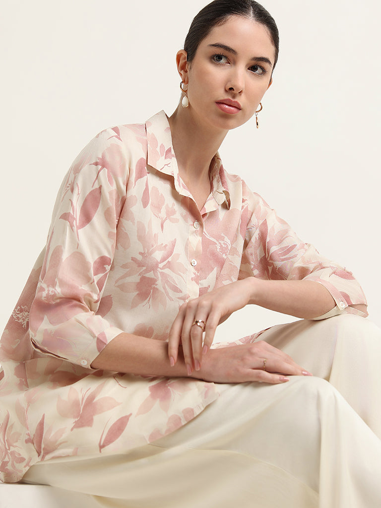 Zuba Mauve Floral Print Button-Down Tunic