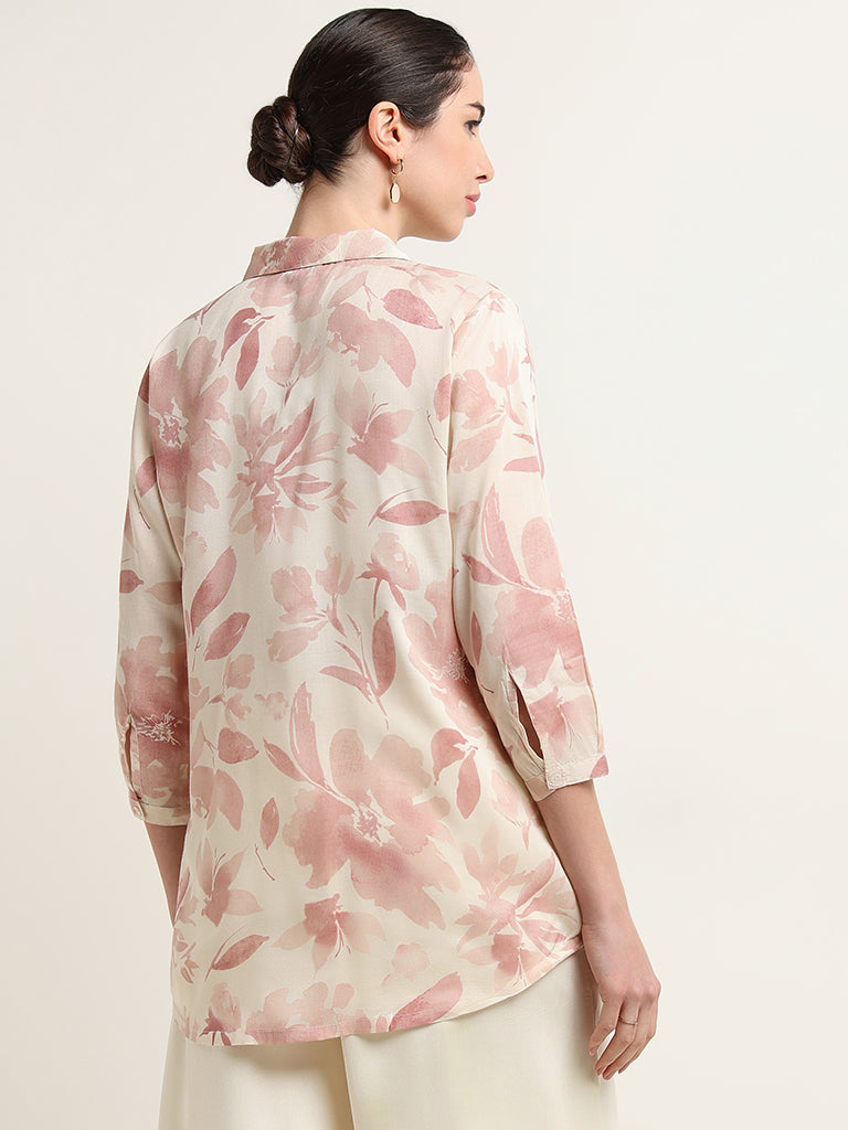 Zuba Mauve Floral Print Button-Down Tunic