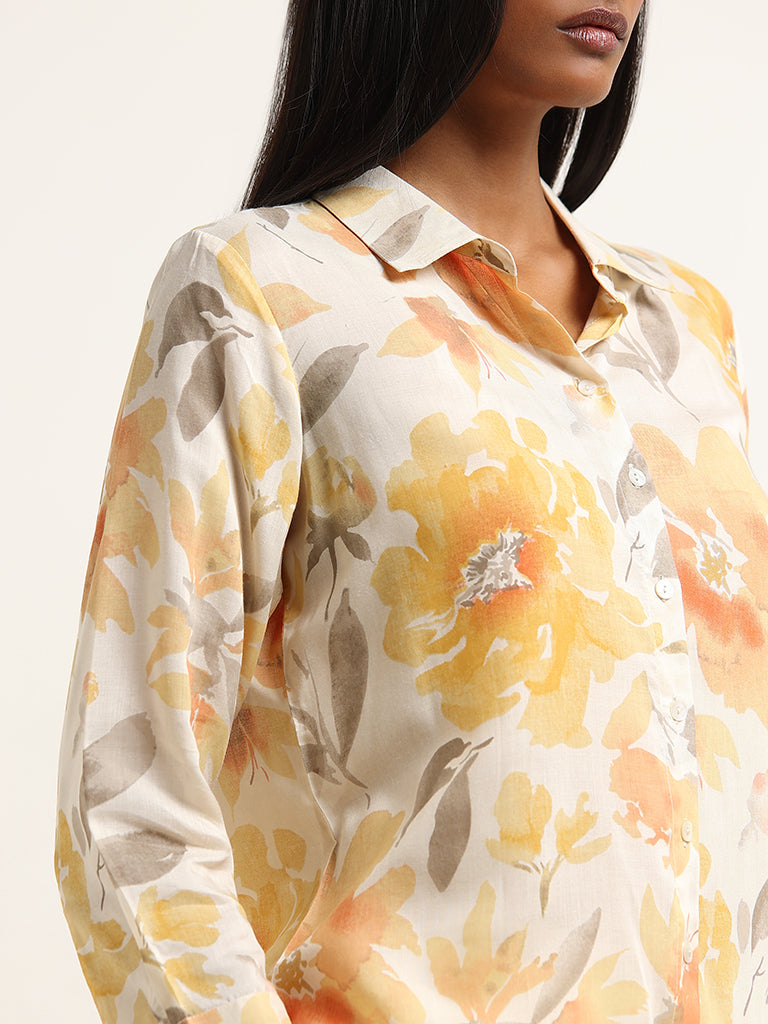 Zuba Yellow Floral Printed Straight Tunic