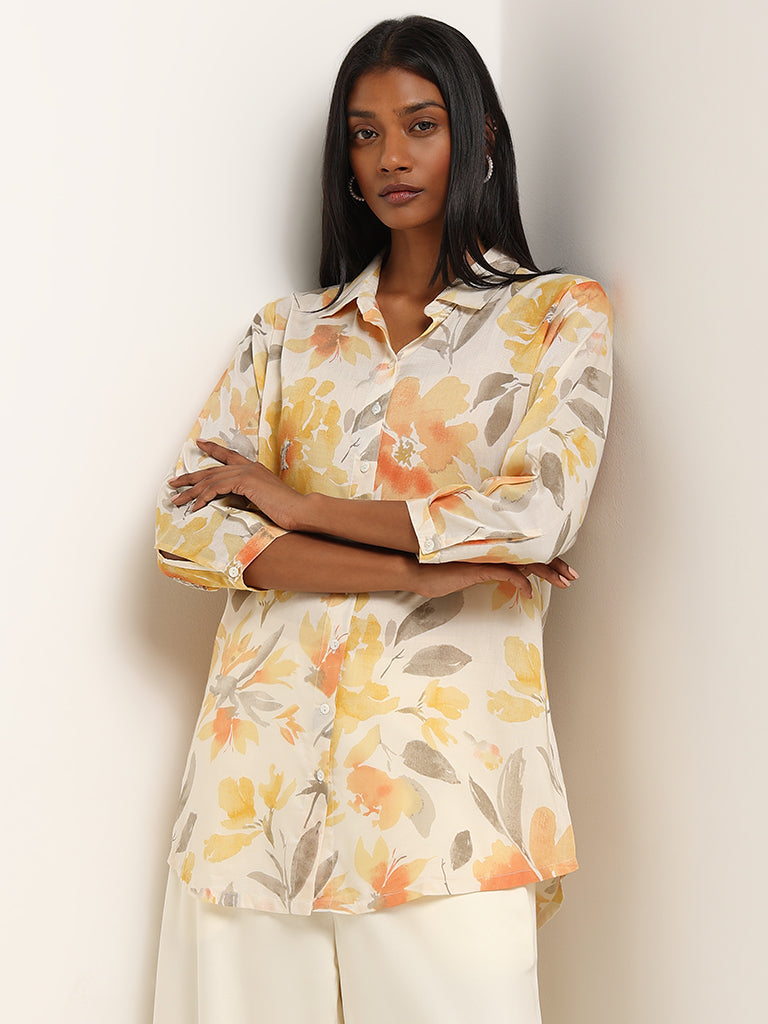 Zuba Yellow Floral Printed Straight Tunic