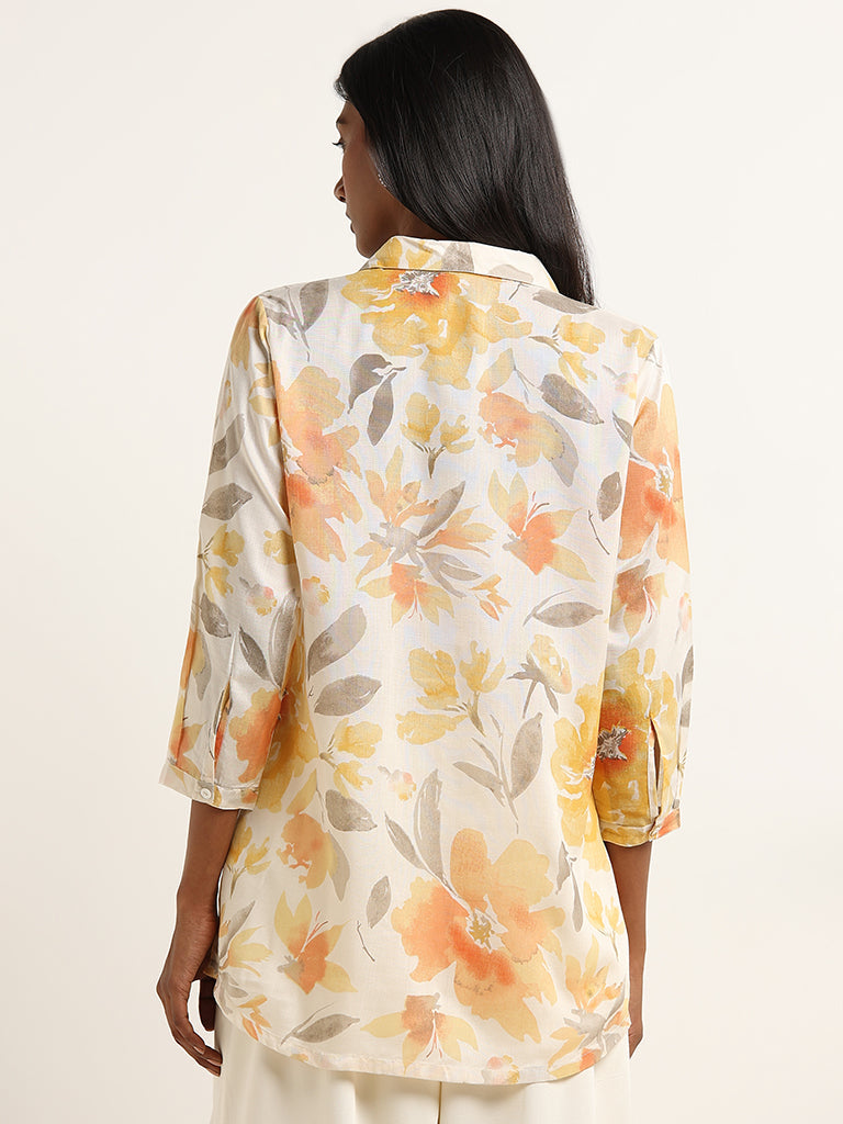 Zuba Yellow Floral Printed Straight Tunic