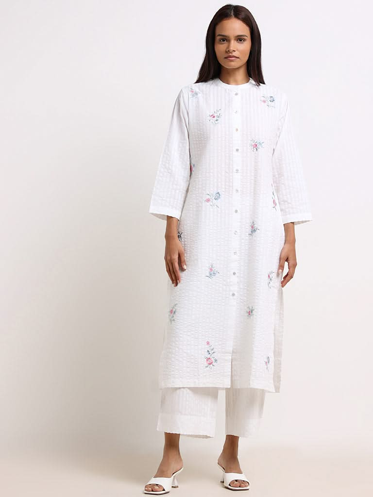 Zuba White Floral Cotton Buttoned Down Kurta