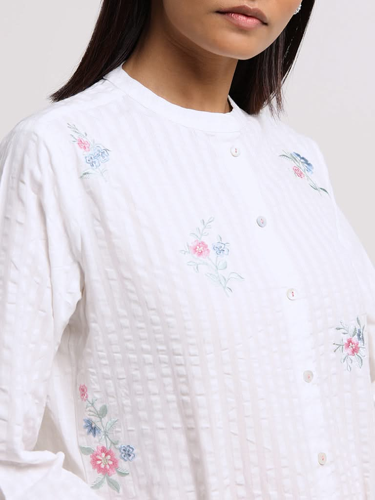 Zuba White Floral Cotton Buttoned Down Kurta