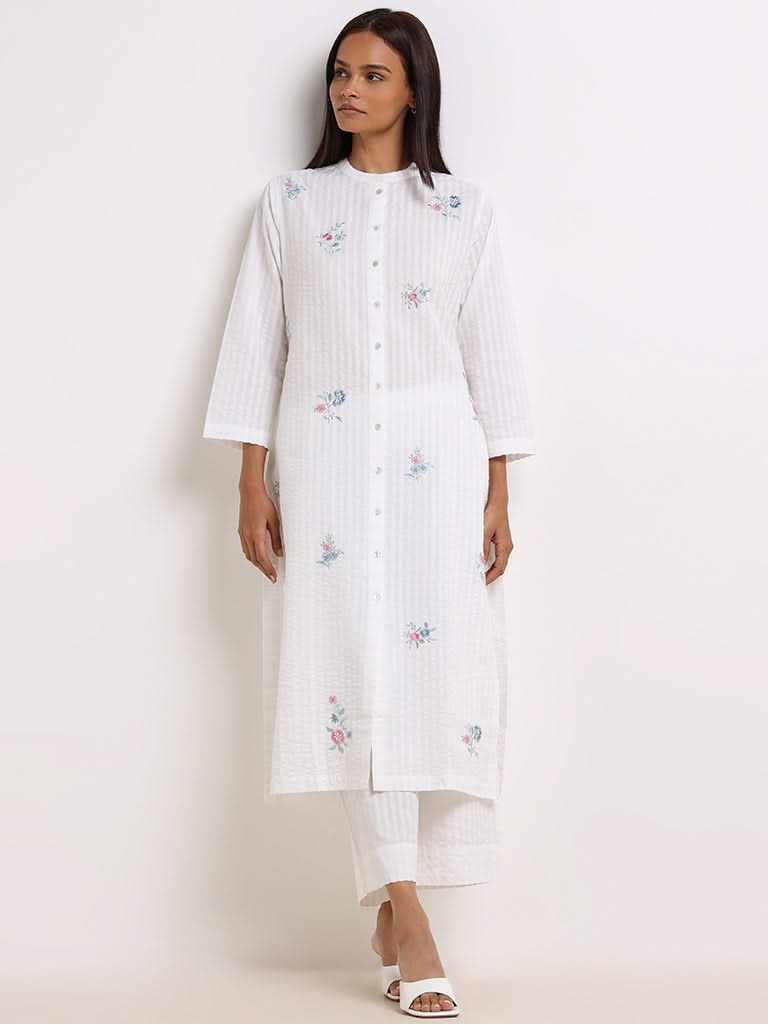 Zuba White Floral Cotton Buttoned Down Kurta