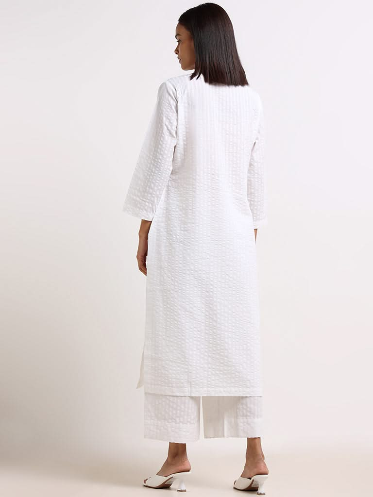 Zuba White Floral Cotton Buttoned Down Kurta