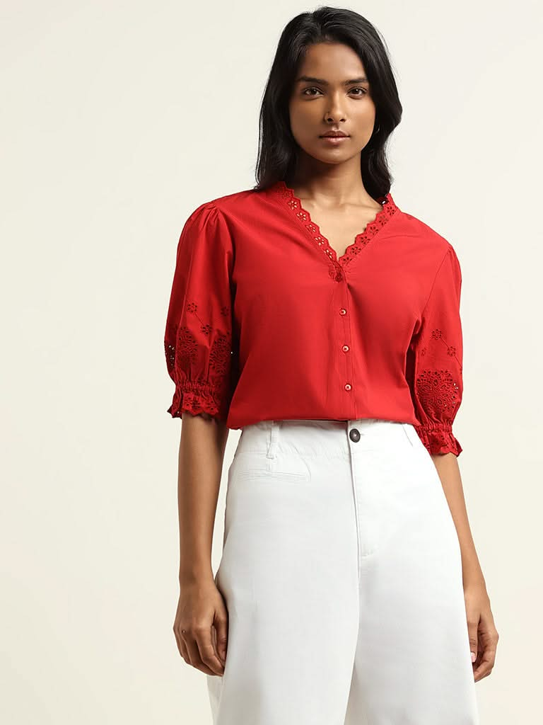 LOV Red Cotton Schiffli Top