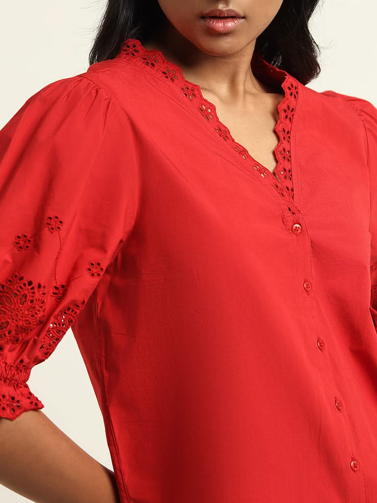 LOV Red Cotton Schiffli Top