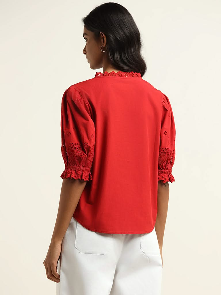 LOV Red Cotton Schiffli Top