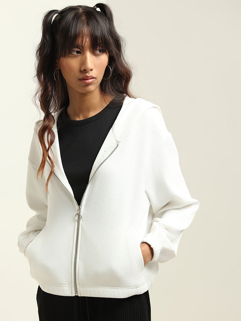 Studiofit White Cotton Blend Hoodie Jacket