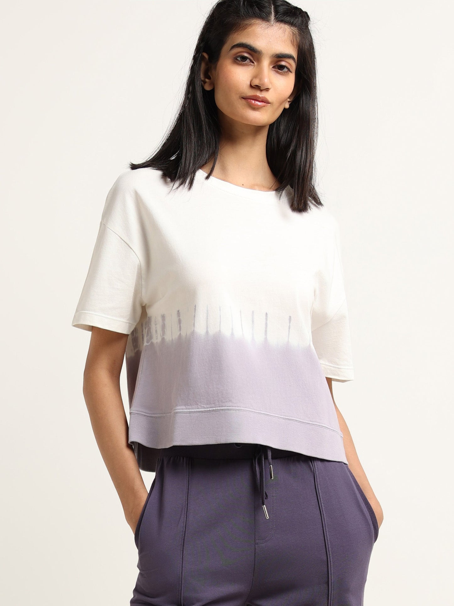 Studiofit Purple and White Cotton Loose Fit T-Shirt