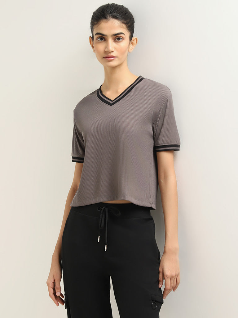 Studiofit Grey Cotton Ribbed T-Shirt