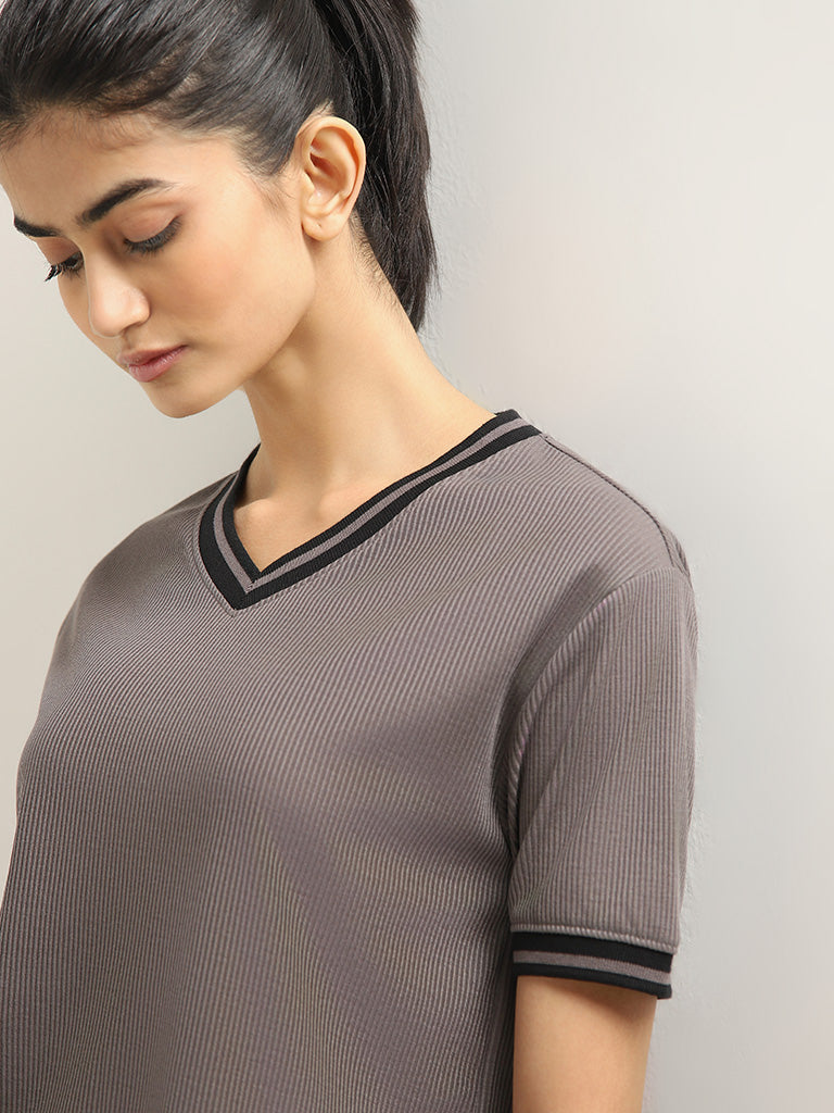 Studiofit Grey Cotton Ribbed T-Shirt