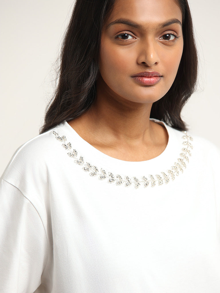 LOV White Sequin Embroidered Cotton Top