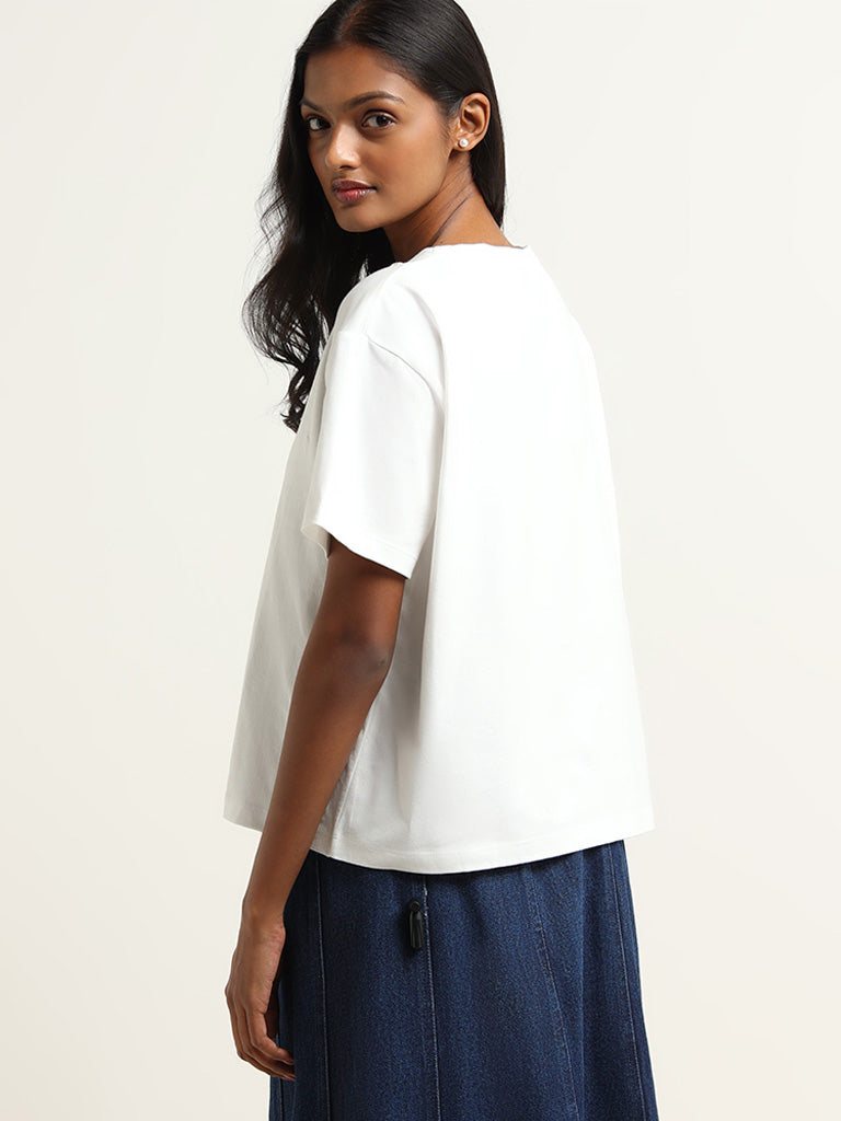 LOV White Sequin Embroidered Cotton Top