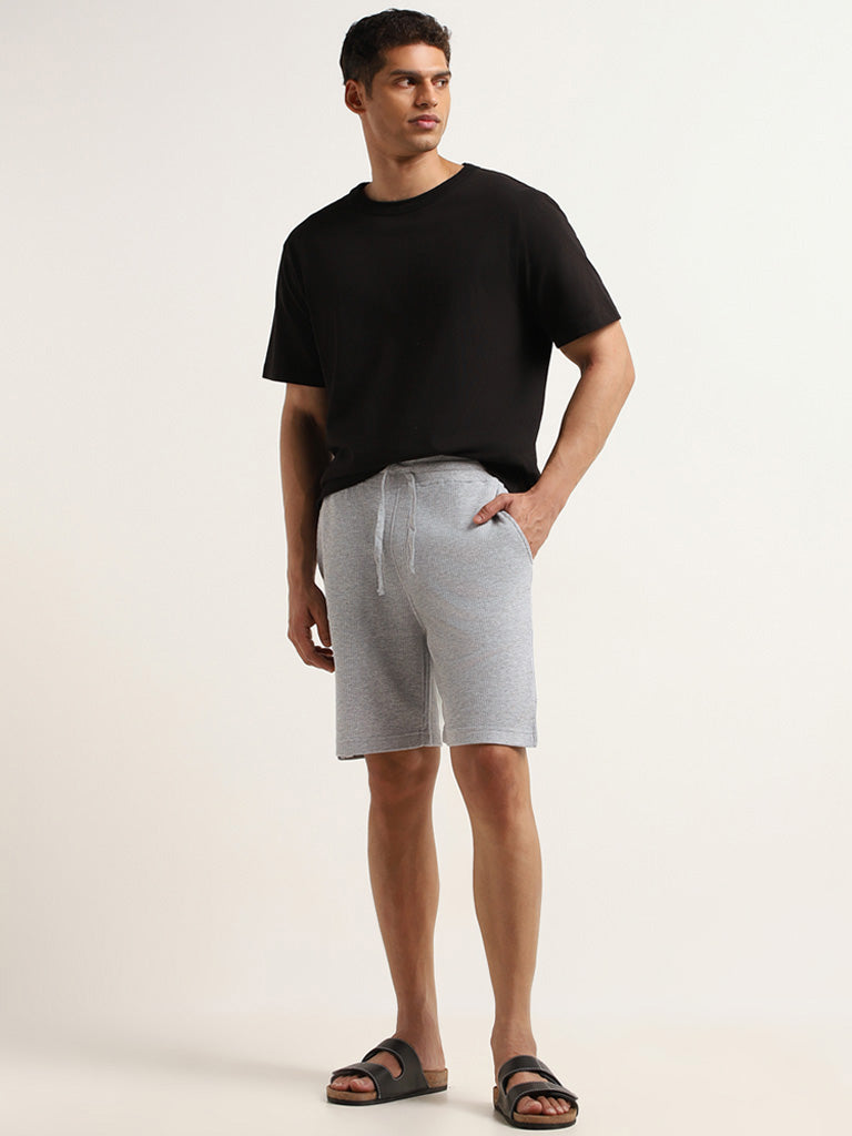 WES Lounge Solid Grey Mid-Rise Cotton Blend Relaxed Fit Shorts