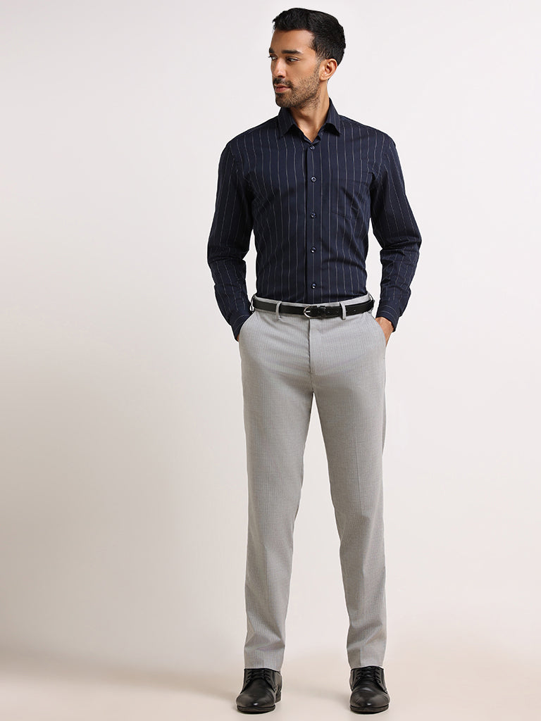 WES Formals Navy Cotton Relaxed Fit Shirt